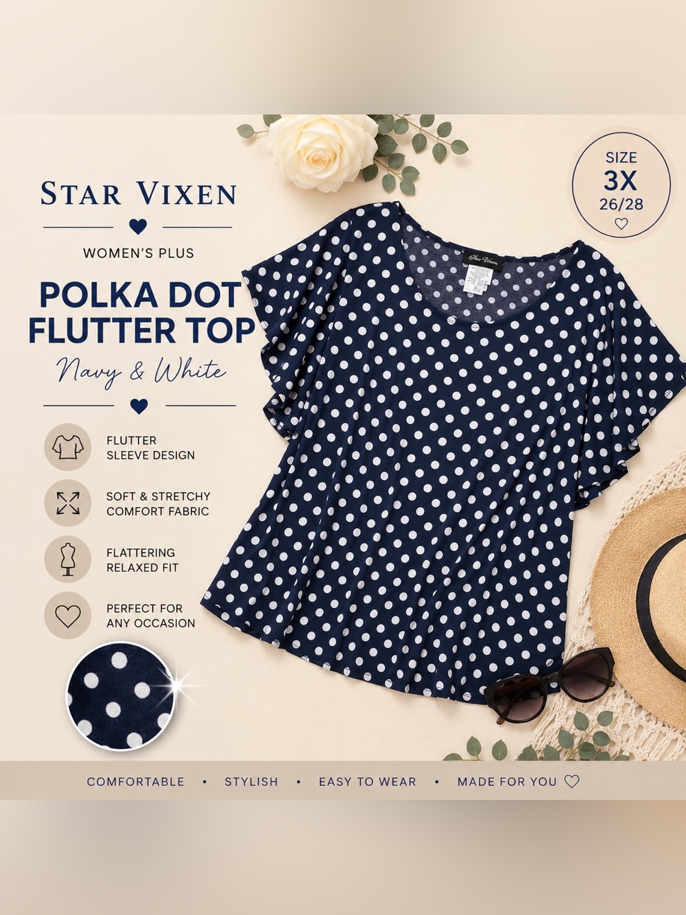 Star Vixen Navy & White Polka Dot Flutter Sleeve Top Plus Size 3X USA Made